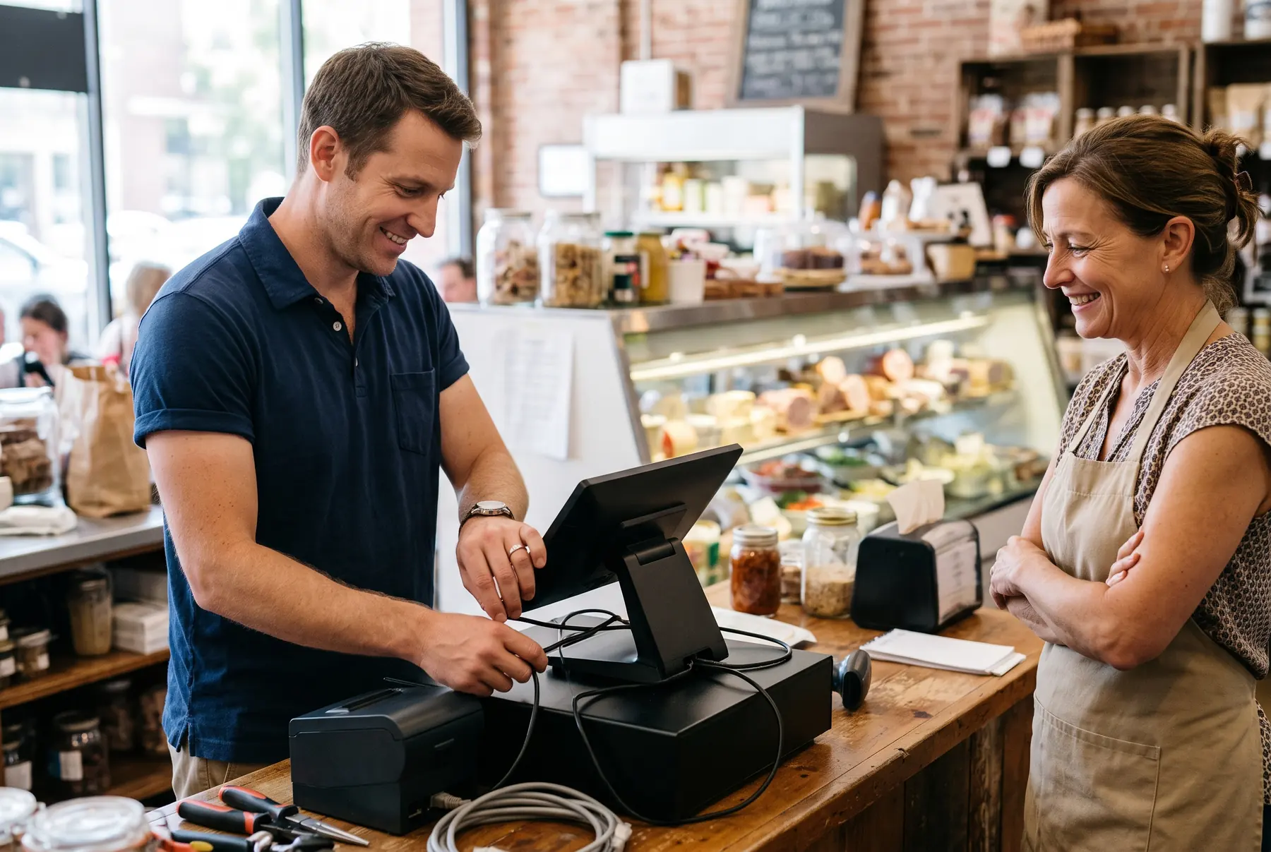Technician setting up a register on a deli counter with the owner