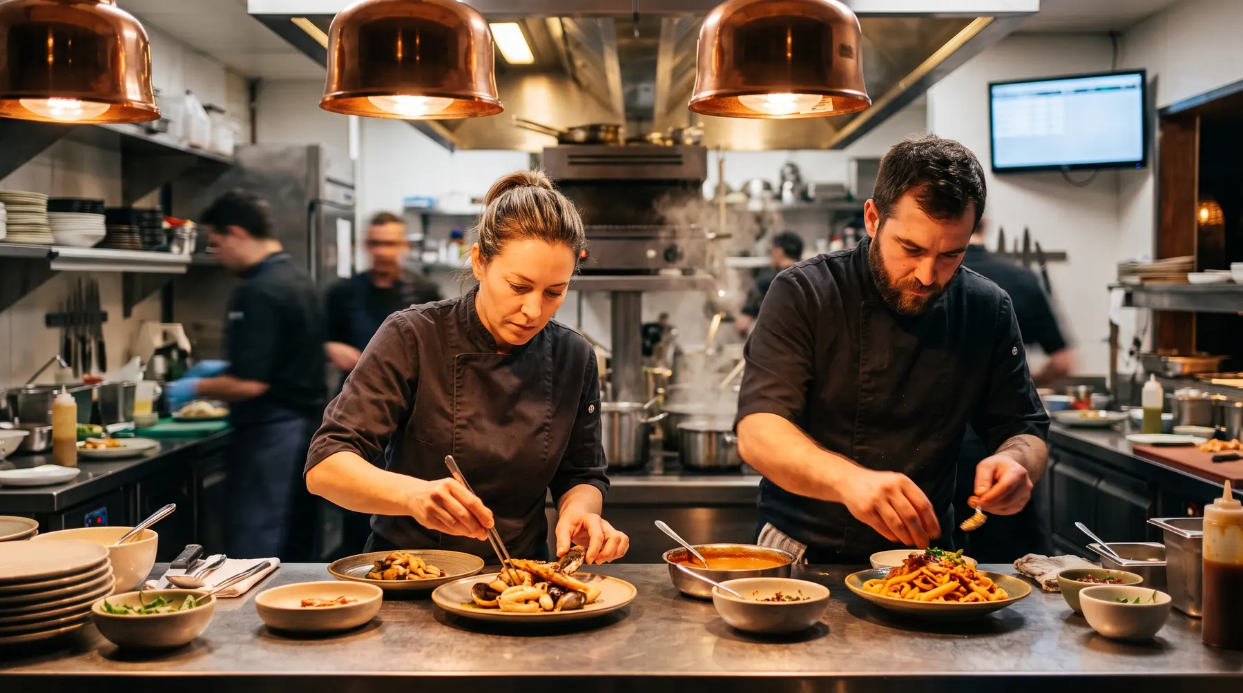 Cooks plating dishes on a restaurant kitchen line during service