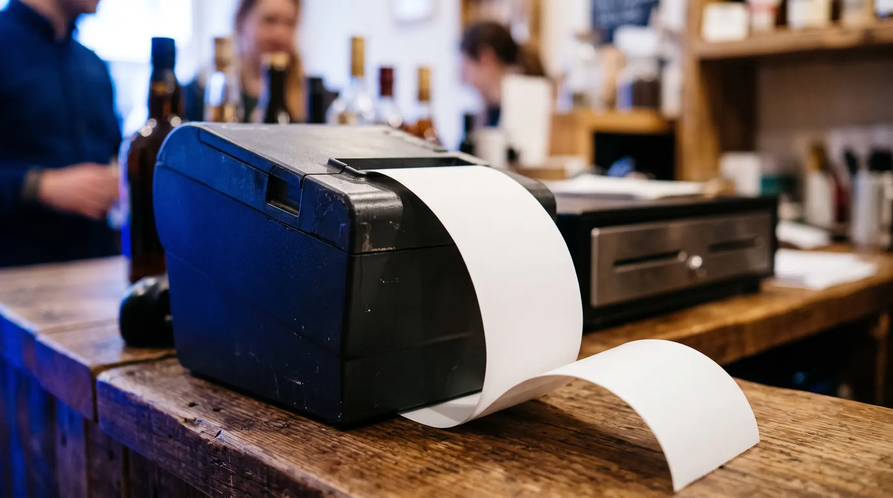 Receipt printer feeding out a receipt on a shop counter