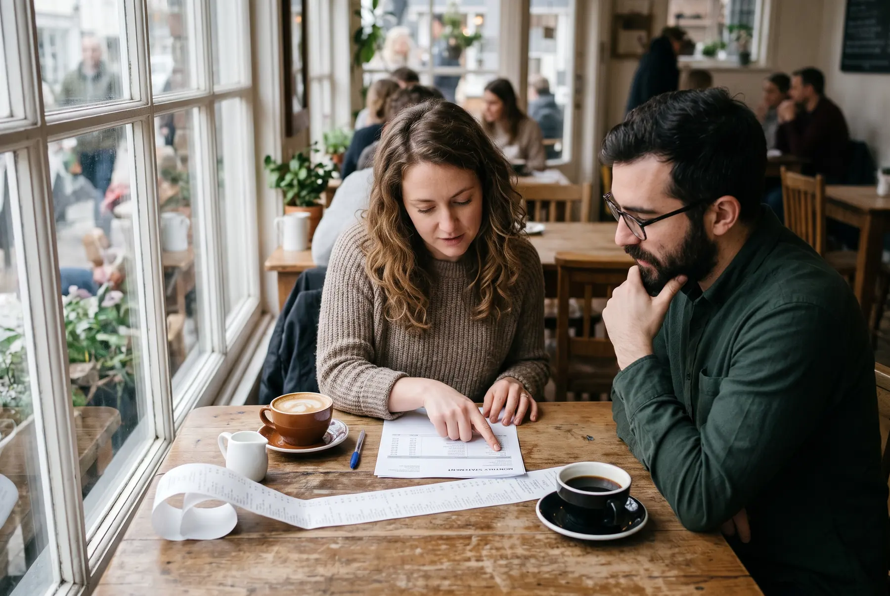 Two people reviewing a printed statement and receipt at a cafe table